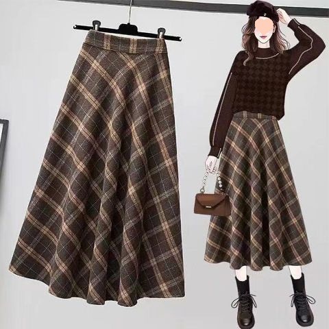 Spring and Autumn Plaid Skirt Women's Retro New plus size Mid-length A- line Skirt Large Swing Skirt High Waist Slimming Long Skirt Trendy