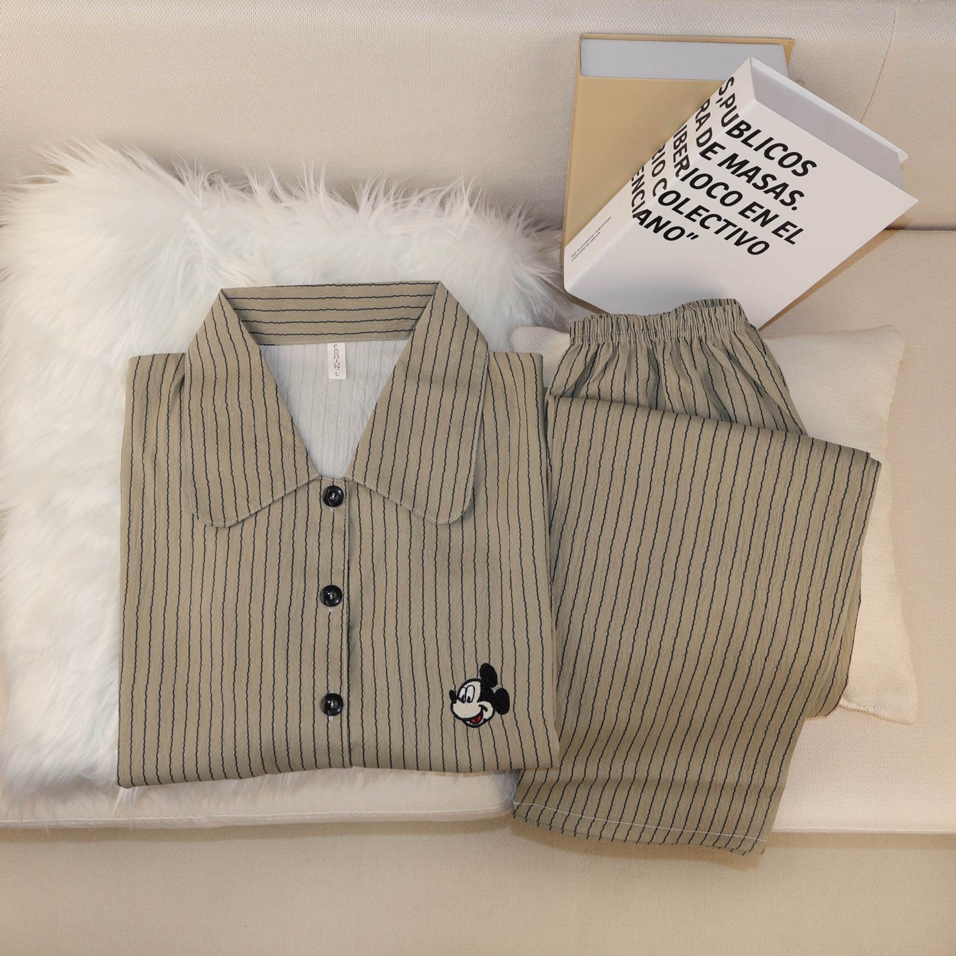 New Spring and Autumn Cloud Cotton Lapel Cardigan Simple Striped Mickey Long-Sleeved Trousers Home Wear Set Wholesale