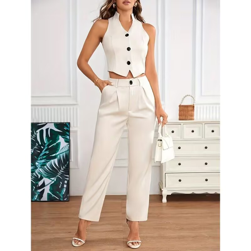 Europe and the United States cross-border foreign trade women's new spring and summer fashion sleeveless small vest high waist temperament straight pants two-piece set