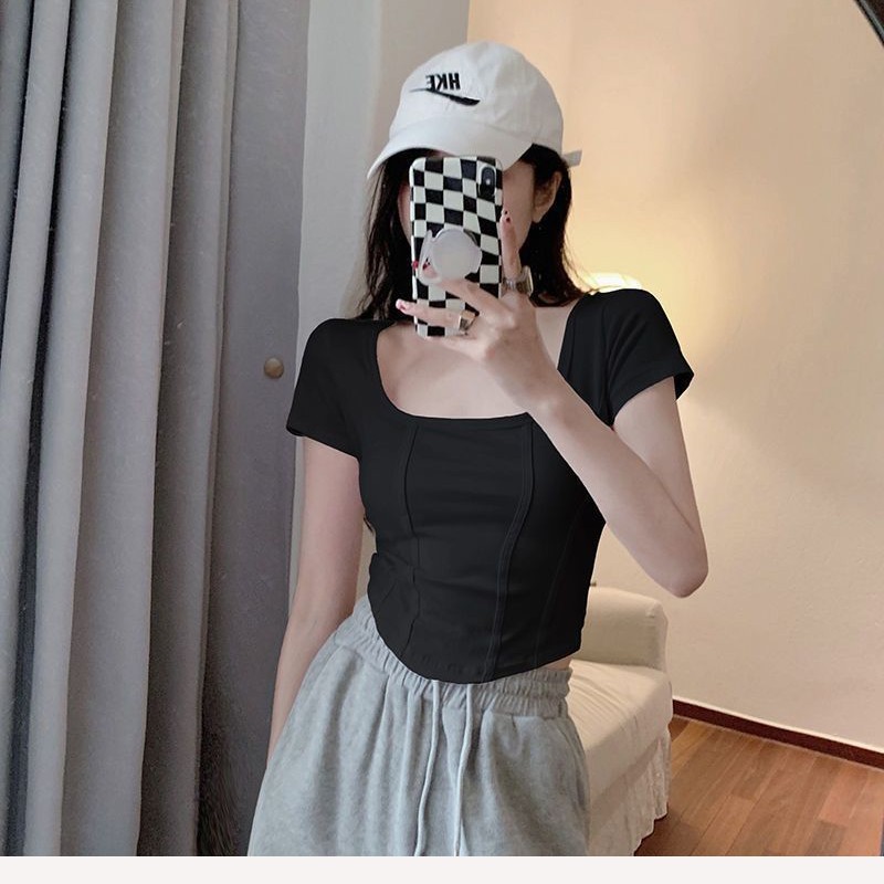 Picture of [95 Cotton 5 Spandex] Shoulder Fish Bone Short Sleeve T-Shirt Women's Summer Slim-fit Niche Slimming Short Pure Sweet Top