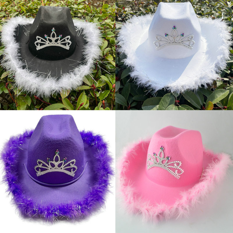 Prom Party Hat Spice Girl Style Crown Denim Hat Wide Brim Princess Hat Western Cowboy Hat Feather Hat