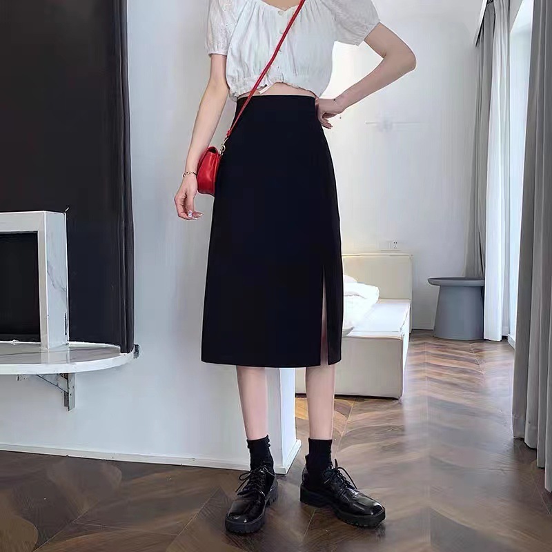 Picture of Black skirt women's draping skirt split mid-length spring and summer design high waist small A- line over-the-knee dress