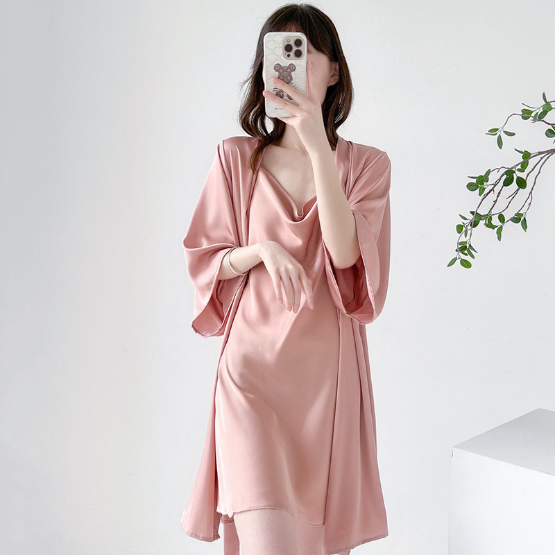 Sexy Pajamas for Women Summer 2022 New Ice Silk Suspender Nightgown Set Internet Celebrity Live Broadcast Popular Long Sleeve Home Clothes