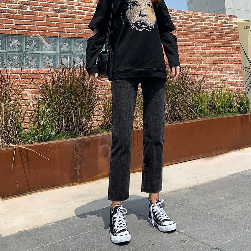 Picture of Straight Leg Jeans Women's Retro Loose High Waist Slimming 2021 New Stretch Petite Burr Edges Autumn