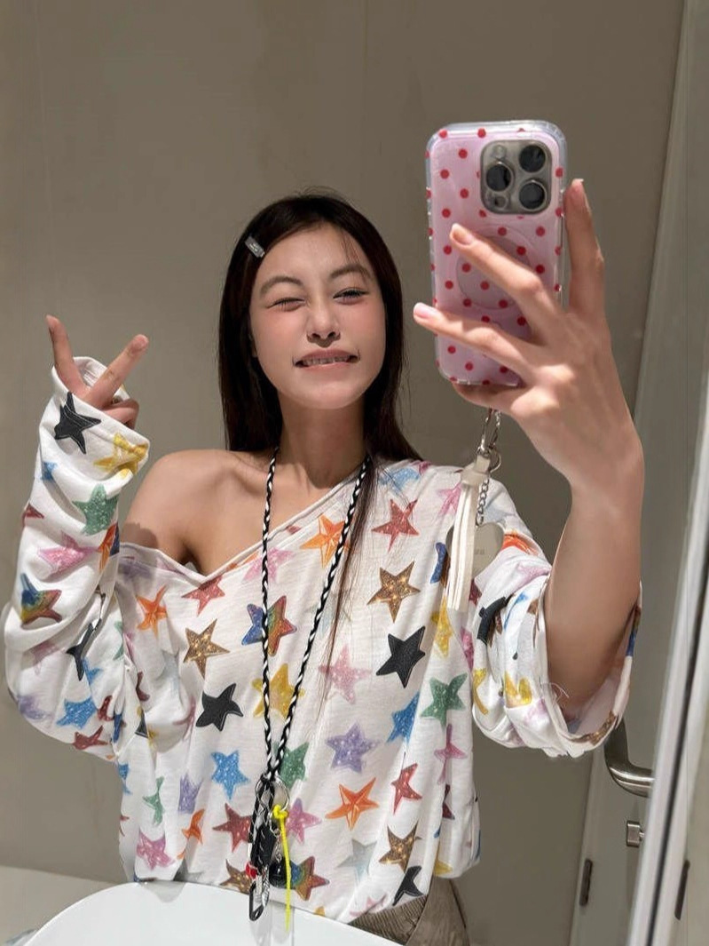 American-style full-print colorful star print cross-shoulder long-sleeve T-shirt for women, 2025 summer lightweight off-shoulder sun protection cover-up