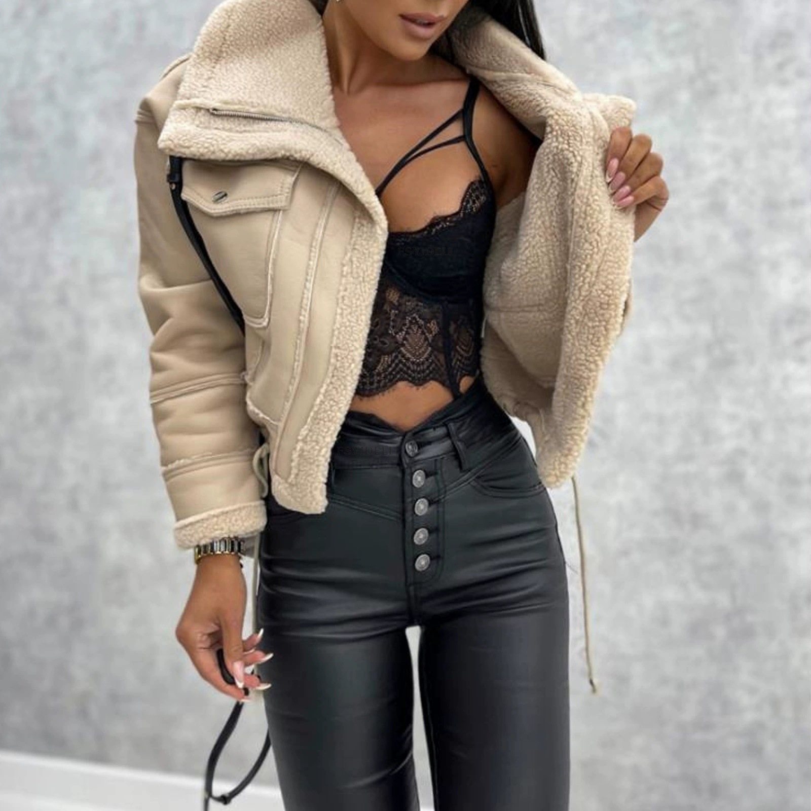 Picture of International Trend Short Leather Coat Short Zipper Motorcycle Leather Jacket Women's Winter