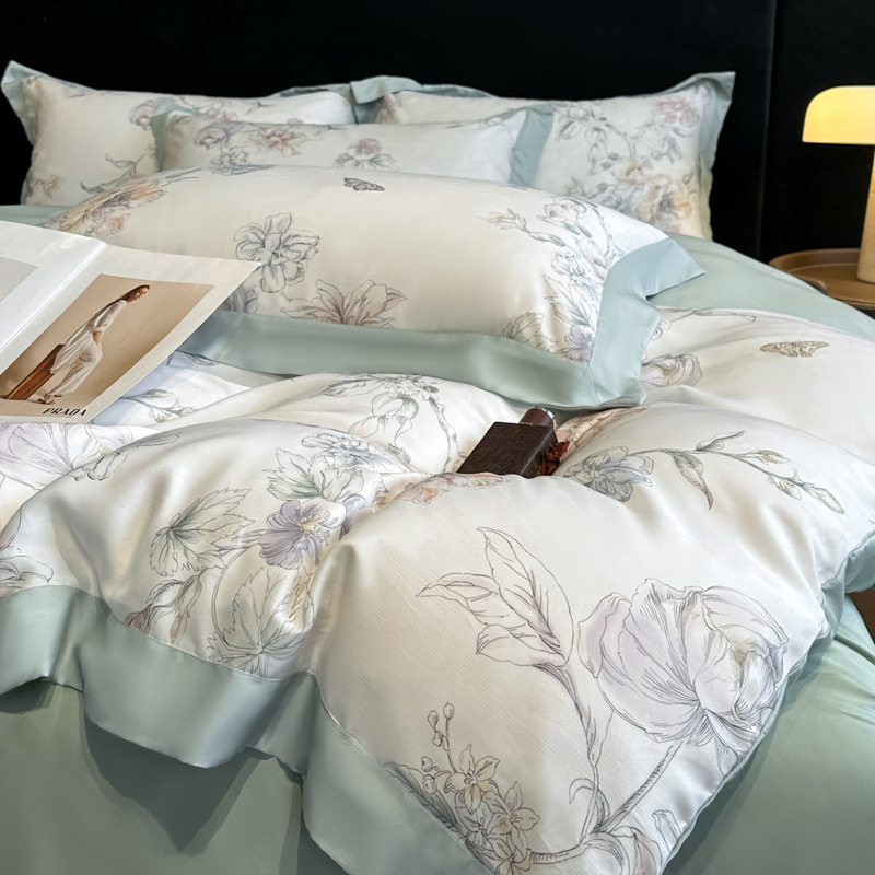 Picture of Summer Class A Maternal and Infant Grade Lyocell Tens Four-Piece Light Luxury Ice Silk Naked Sleeping Cool Quilt Cover Bed Sheet 1.8 Bedding