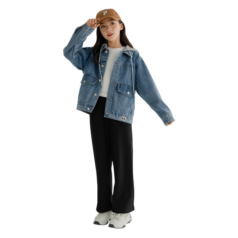 Girls' Coat 2022 Fall/Winter Korean Children's Wear Girls' fleece-lined Thickened Denim Hooded Coat Cardigan for Middle and Big Children