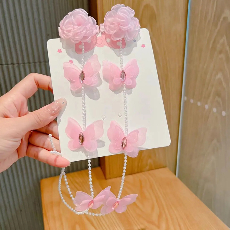 Picture of Little girl's new ancient style handmade butterfly pearl chain braided hairpin princess fairy head flower bead hair band headdress