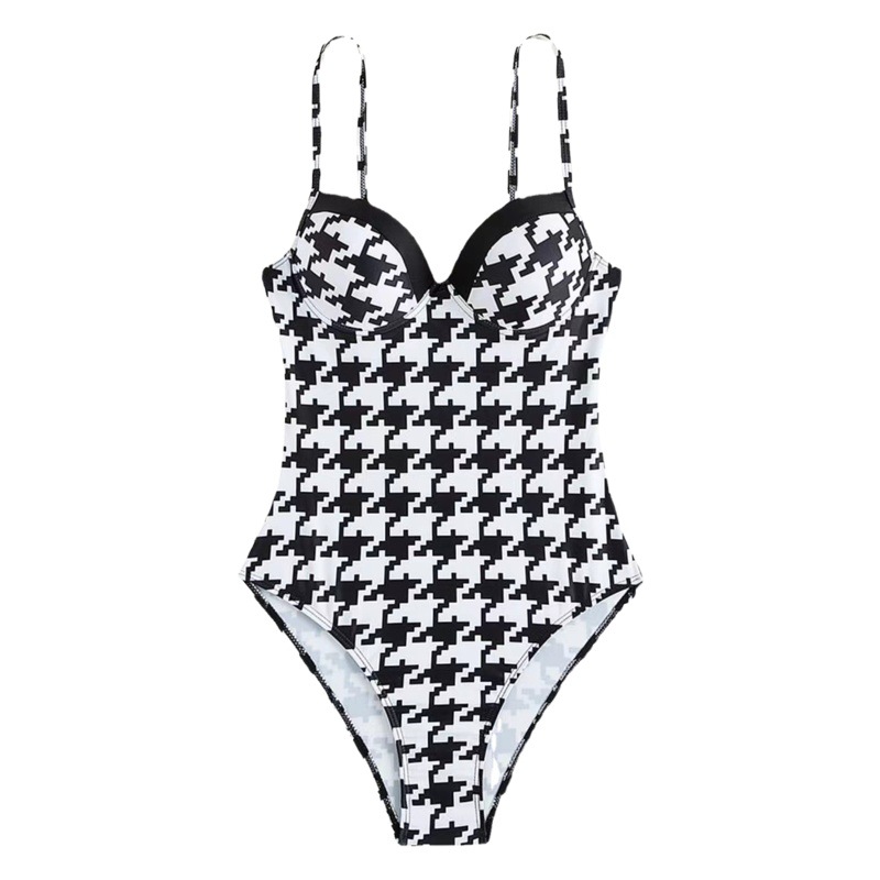 2023 French Retro One-Piece Swimsuit SWIMWEAR Houndstooth Hard Bag One-piece Women's Beach Swimsuit