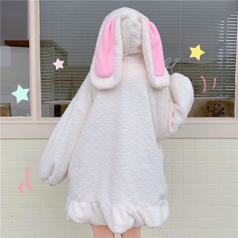 2024 autumn and winter cute rabbit plush coat hooded thick rabbit ears long lamb velvet zipper coat