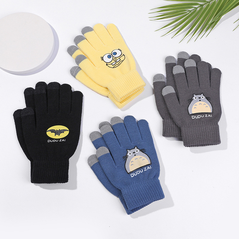 Five-Finger Gloves for Women in Winter K-Style for Students Cute Cartoon Fleece-Lined Thickeneded Knitted Couple Touch Screen Warm Cycling Men