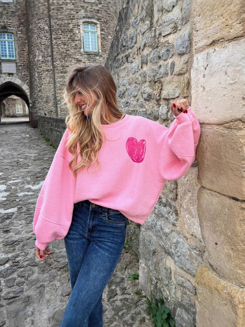 Picture of Amazon cross-border foreign trade women's autumn and winter sweet loose sweater pink love pullover top