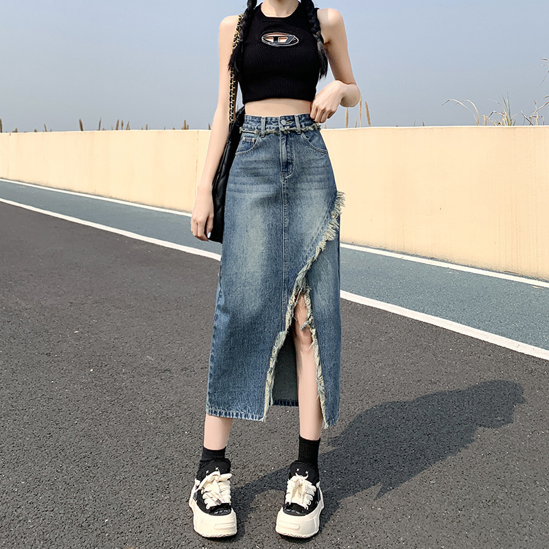 Raw Edge Fashionable Slit Denim Skirt for Girls 2024 Summer New High-Waisted A-Line Hip-Covering Mid-Length Skirt