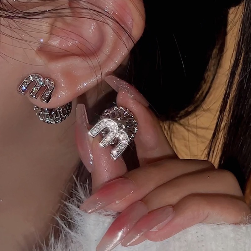 Reverse Love Ball a two-wear flash Diamond M letter hollow ball earrings fashion luxury high-end retro earrings women