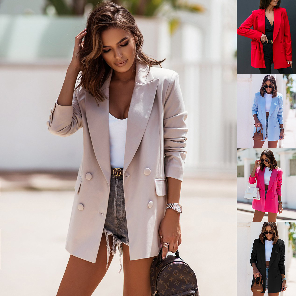 Picture of 2022 cross-border foreign trade autumn and winter New Ladies solid color simple double-breasted casual suit jacket spot