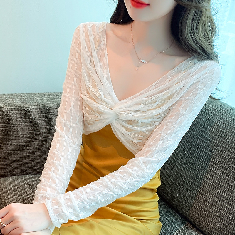 Picture of Short sun protection blouse for women Spring with suspender skirt outer wear thin shawl long sleeve see-through lace mesh top