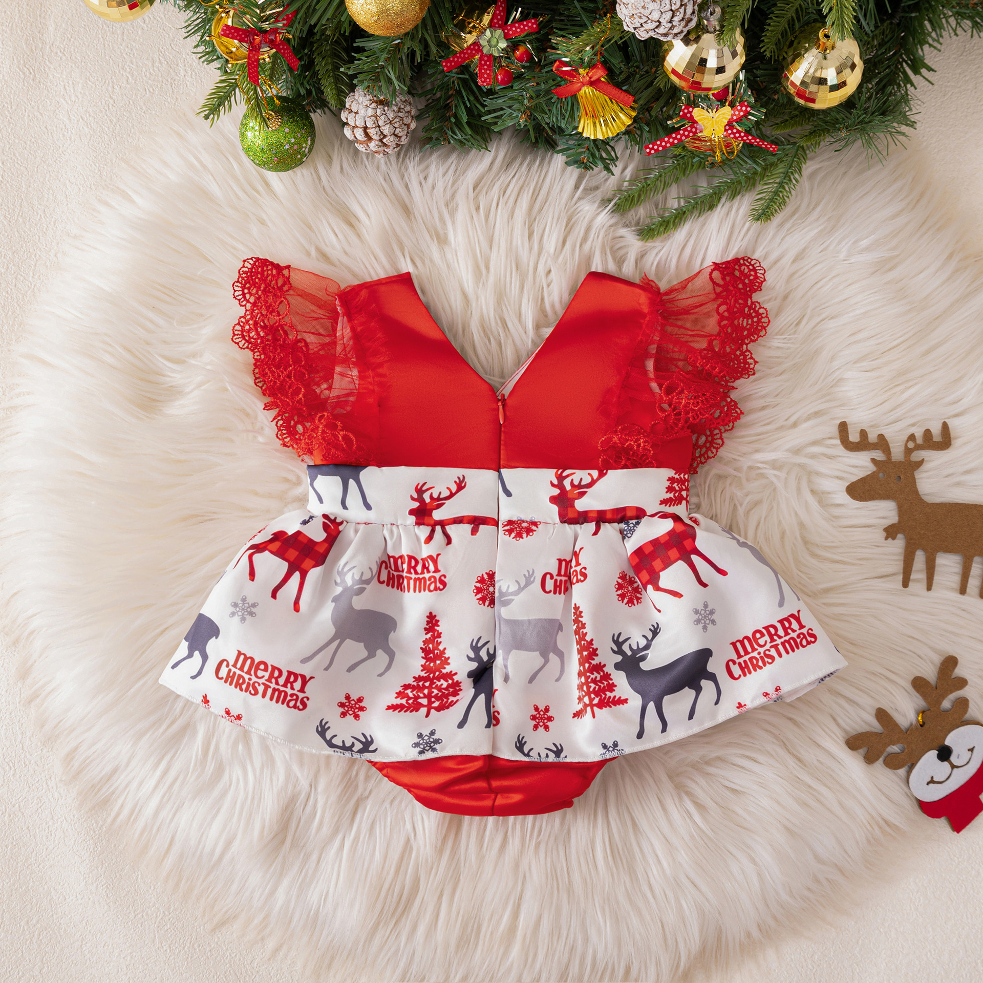 2024 New Christmas New Lace Small Flying Sleeves Elk Print Harness Baby First Birthday Banquet Romper