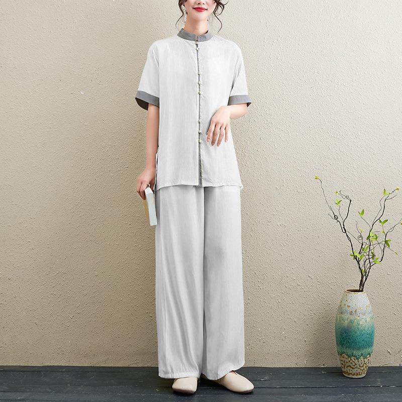 Picture of 2024 Summer New Chinese Style Retro Loose Slim Casual Temperament Zen Tea Wear Yoga Wear Tai Chi Suit for Women