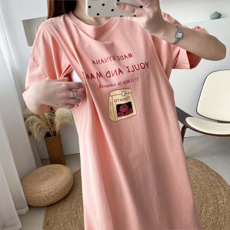 Maternity clothes nursing top summer short-sleeved T-shirt dress fashionable loose summer mid-length printed nursing clothes