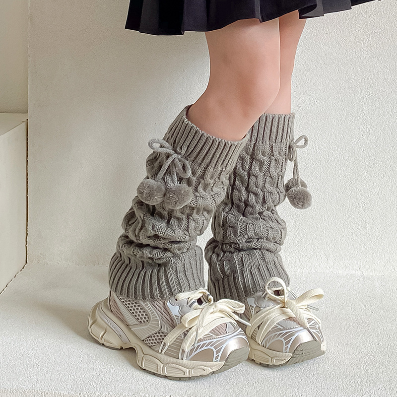 Picture of Children's Socks Autumn and Winter Fur Ball Long Tube Stacked Socks Lolita Vintage brown Thickened Warm Twist Leg Cover