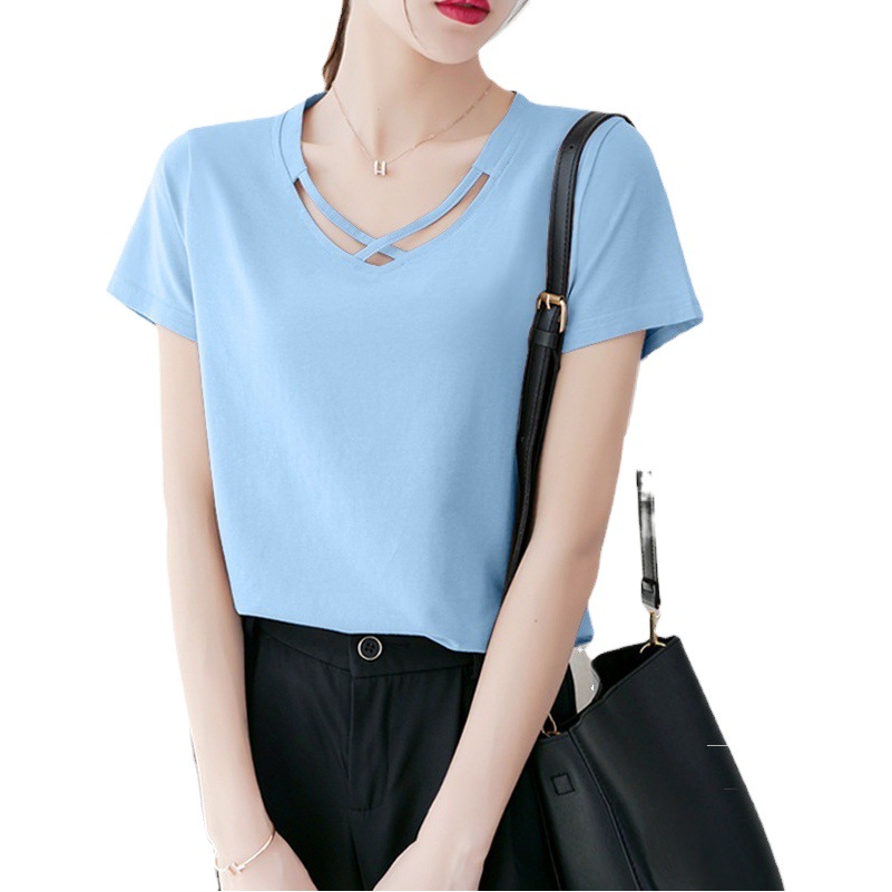 V Neck Short-Sleeved T-Shirt for Women 2024 Summer New Style Discreet Korean Style Cross Collar Pure Color Bottoming Shirt One Piece Drop Shipping