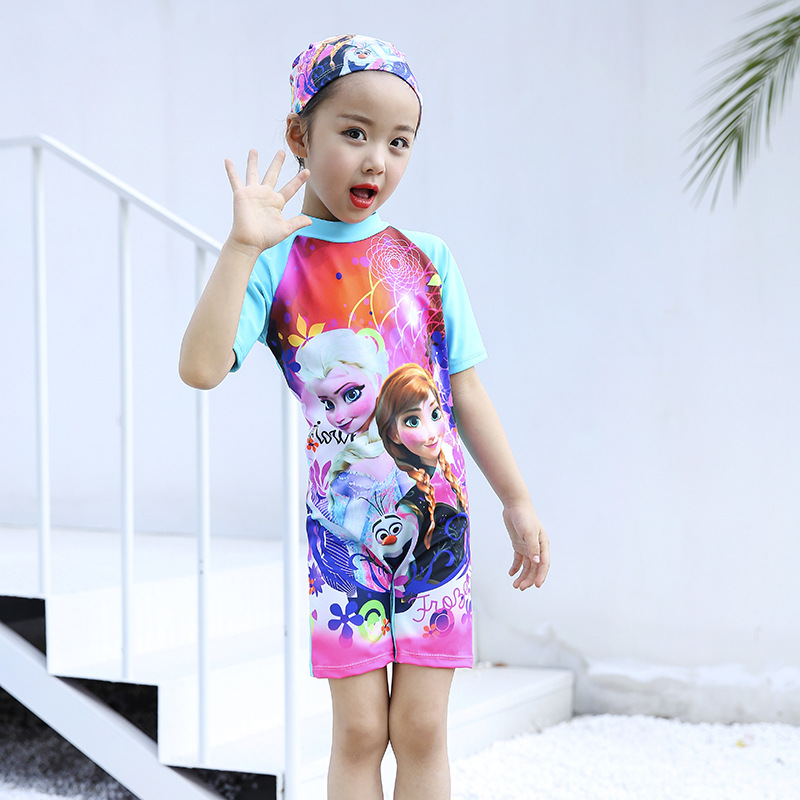 Ruiyou new children's swimsuit girls' cartoon half sleeve sun protection quick-drying one-piece surfing suit diving suit with swimming cap