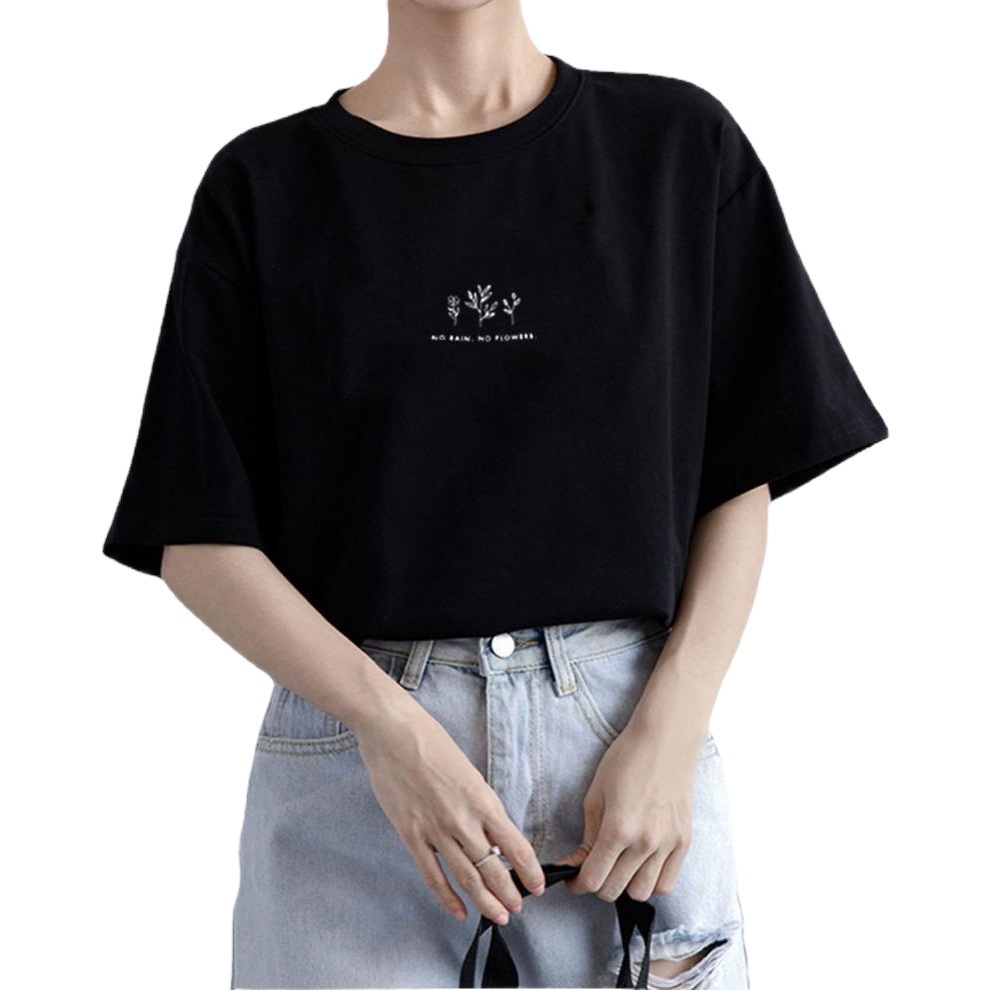 Short Sleeve Korean style round neck T-shirt women's summer loose plant print casual solid color popular half sleeve top for students