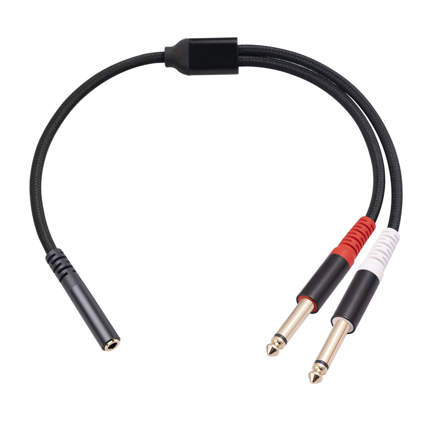 Picture of Shielded wire aluminum alloy shell stereo 3.5mm female to dual 6.35 TS 1/4 mono audio cable 0.3 m