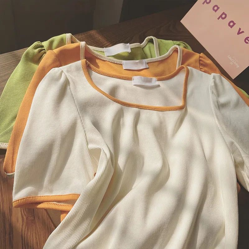 High-grade Square Collar Short-sleeved T-shirt Women's Spring and Summer Korean-style New Loose Color Matching All-match Collarbone Shoulder Fashion