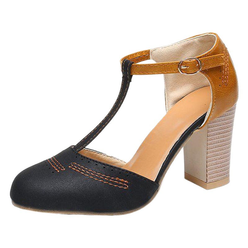 Wish Amazon 2025 Spring and Summer New European and American Retro Round Toe Color Matching T-Buckle Export Large Size Women's Shoes