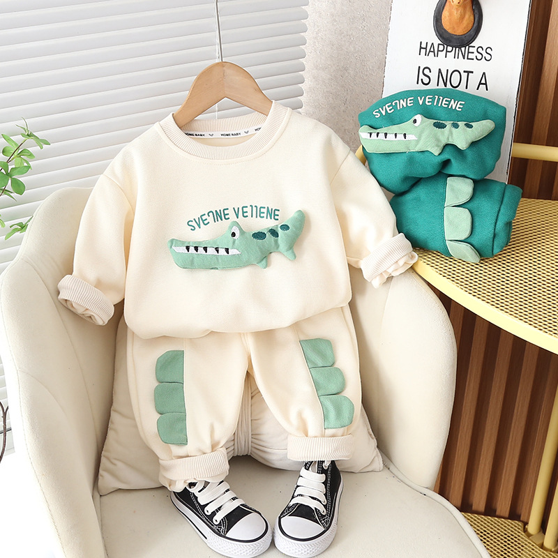 Boys' Cartoon Crocodile Crewneck suit 2023 New Style Fashionable 1-5 Year Old Boys' Baby Spring and Autumn Children's Suit