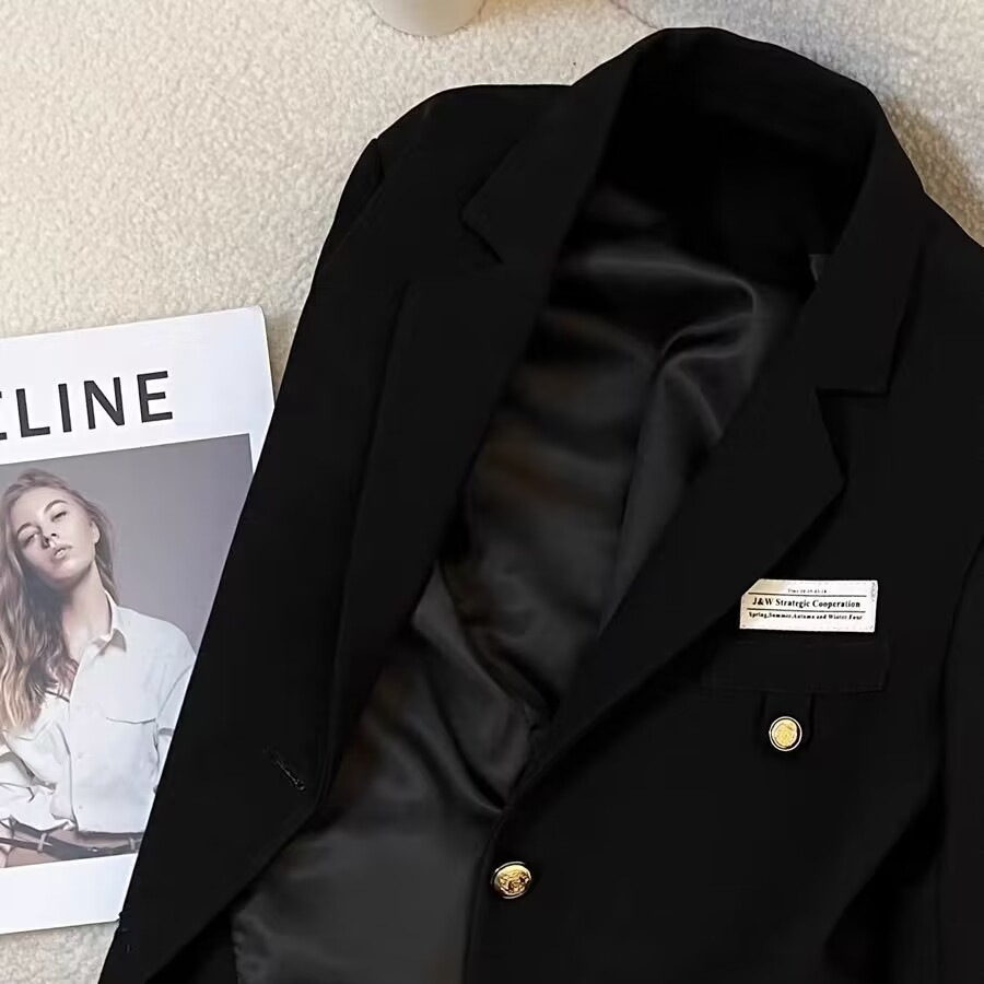 Picture of Black Short Suit Jacket Female Petite 2024 Autumn New Design Sense College Style Casual Street Suit