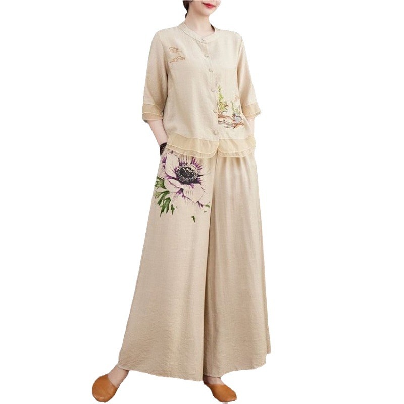 Picture of Middle-aged and elderly women's summer two-piece embroidered cotton and linen short-sleeved top western-style mother's fashionable wide-leg pants set