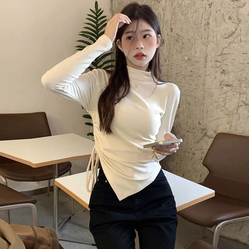 Super Soft Waxy Semi-high Neck Velvet Base Shirt Women's Autumn and Winter Slim-fit Slimming Irregular Drawstring Warm Top