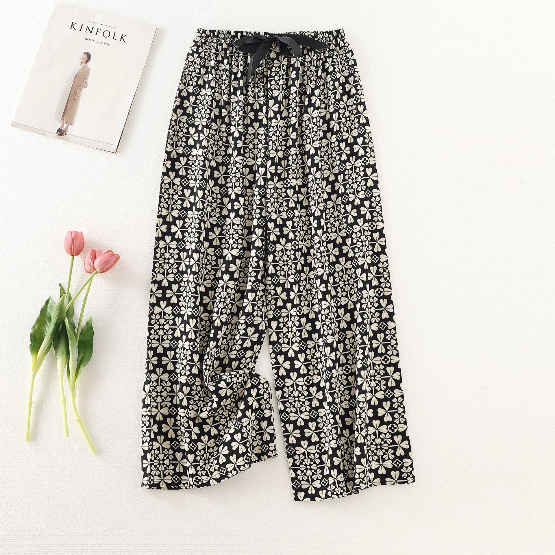Picture of Cotton Silk Pajama Pants Women's Summer Thin Black and White Cartoon Style Wide Leg Pants Large Size Loose Outer Wearing Foreign Trade Beach Pants