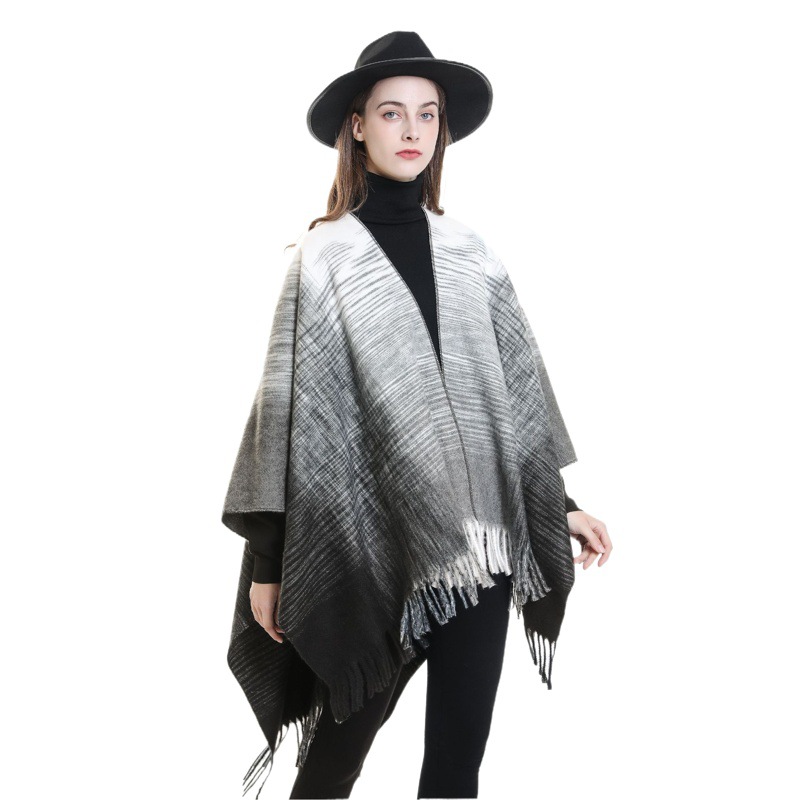 2024 New Cross-border Amazon Gradient Plaid Shawl Cape Autumn and Winter Blanket Warm Tassel