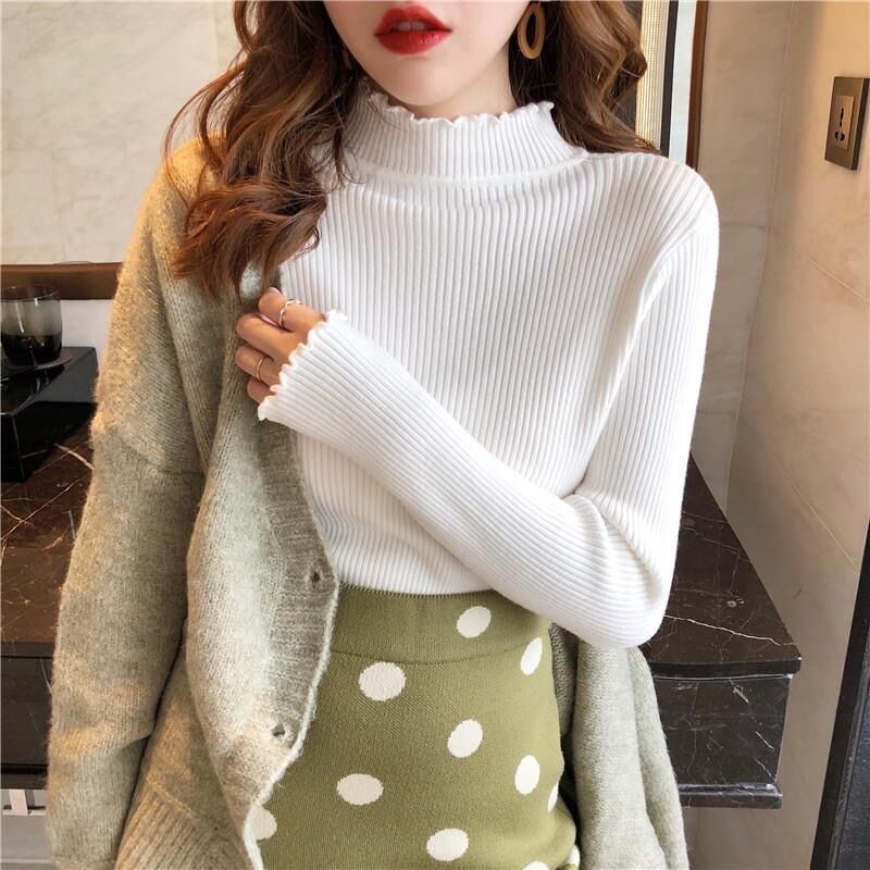 Autumn 2024 Sweater Women's Inner Slim-fit Black Half-turtleneck Ear Long-sleeve All-match Thin Knitted Base Shirt