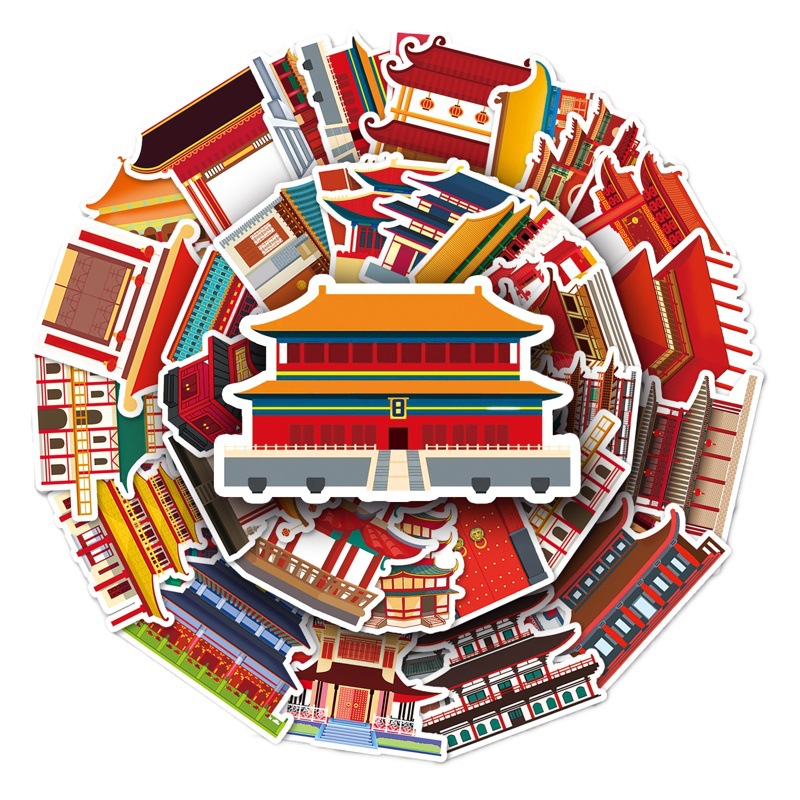 50 pieces of antique architectural graffiti personality Chinese style creative goo card decorative mobile phone case luggage sticker waterproof
