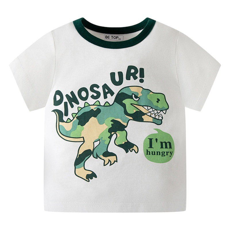 2025 Summer Kidsren's Clothing K-Style Dinosaur Cartoon Kidsren's Short-Sleeved T-Shirt Baby Tops Boys and Middle-Aged Kidsren Round Neck Trendy
