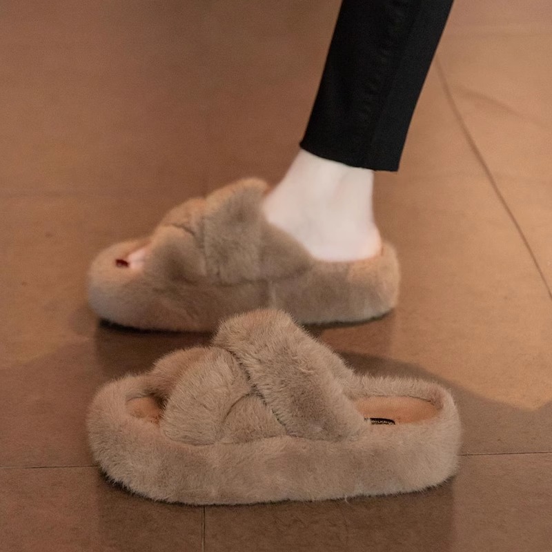 Cross Thick-Soled Furry Slippers for Women's Autumn and Winter Outer Wear 2025 New Internet Celebrity High-End French Style Cotton Slippers with Skirts
