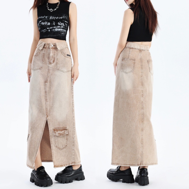 khaki Split Casual Workwear Skirt Women's New Design All-match Hip Skirt for Spring and Autumn 2024