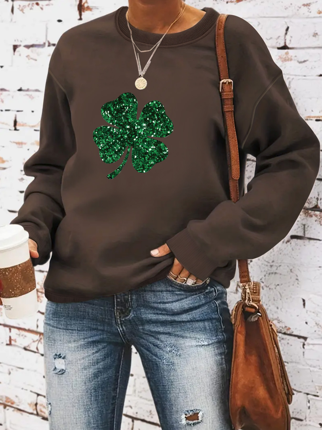 European and American Cross-border Autumn and Winter Women's Casual Long-sleeved Crewneck St. Patrick's Day Four-leaf Clover Pullover Sweatshirt Sweatshirt
