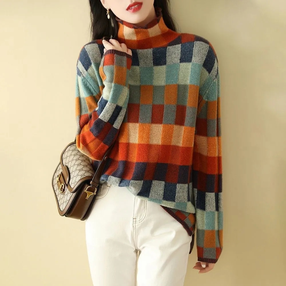 Spring and Autumn New 2024 Fashionable Age-reducing All-match Knitted Sweater Elegant Slimming High-end Western-style Plaid Sweater
