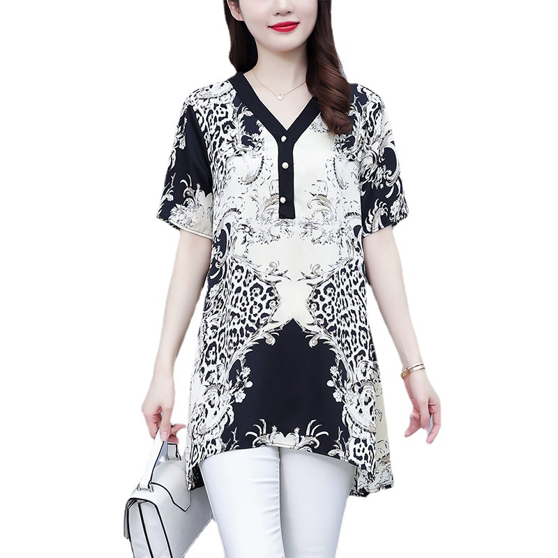 Picture of Plus Size Women's Clothing 2025 Summer New Style Ink Print Mid-Length Fashionable Belly-Covering Slimming Casual Simple Top for Women