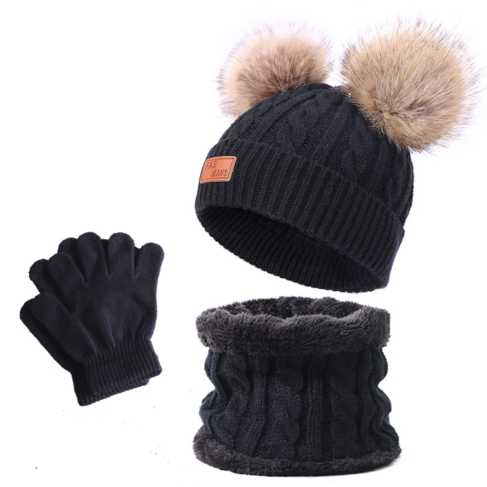 Picture of Winter Children's Neck Hat Two-Piece Pompom Baby Baby Knitted Hat Warm Wool Fleece-Lined Thickened Neck Set