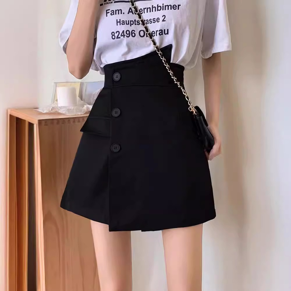 2024 Spring and Summer New High Waist Slimming A- line Women's Wide Leg Pants Skirt Design Button Korean Casual Shorts
