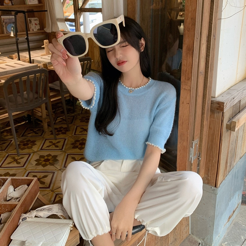 2023 Summer Design Niche Pearl Stitching Ice Silk Knitted Short Top Women's Loose All-match Short-sleeved T-shirt