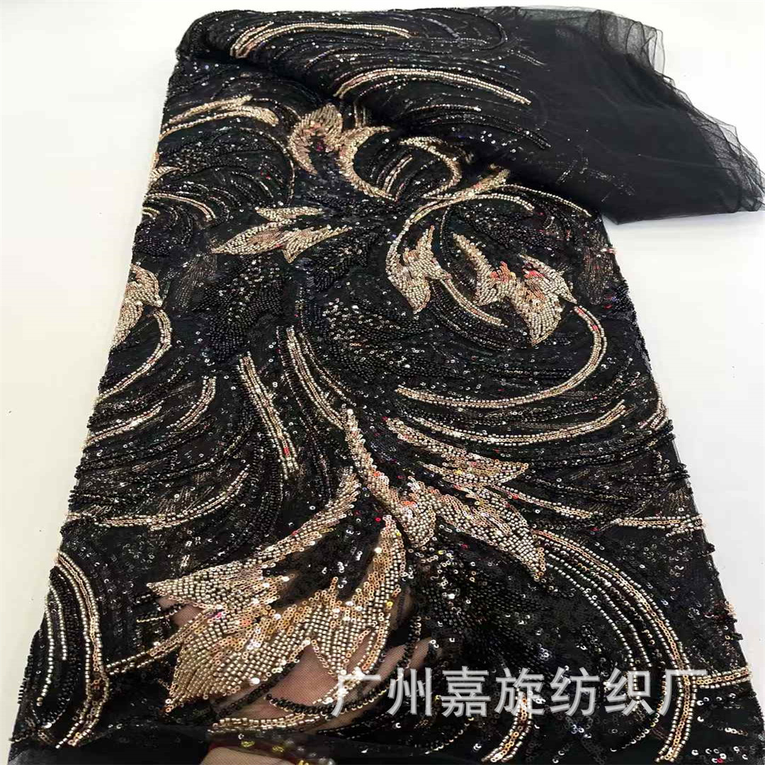 Phoenix tail flower bead tube embroidery mesh fabric heavy embroidery fabric sequins embroidery wedding dress cheongsam fashion lace fabric