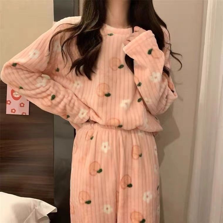 Cute Sweet Autumn and Winter Pajamas Women Can Wear 2024 New Coral Fleece Warm Thickened Long Sleeve Home Clothes suit